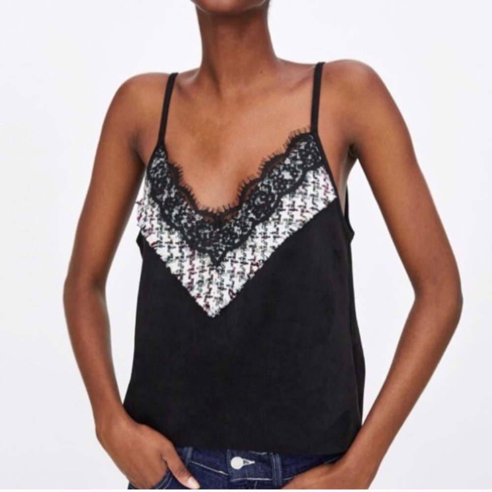 NWT Zara Suede Crop Top With Tweed & Lace